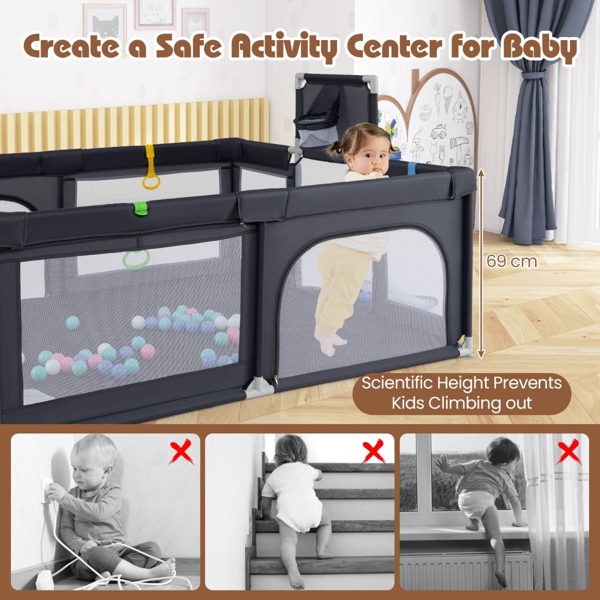 Coast Babybox mit Basketballkorb und Fußballtor – inklusive Bälle und Tragetasche – dunkelgrau 188 x 157 cm