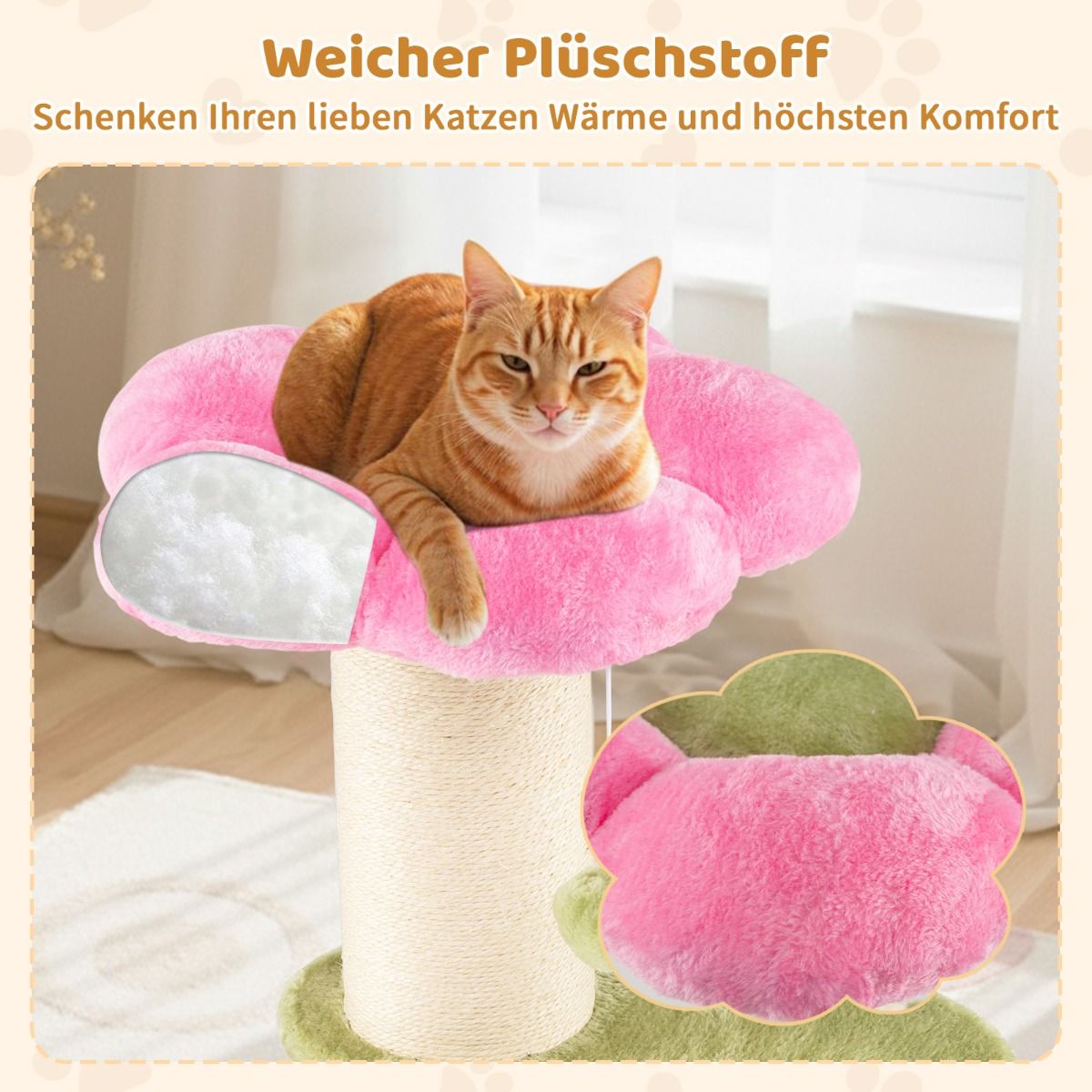 Coast Kratzbaum für Katzen – 3 Etagen – mit Plüsch-Liegefläche und Blumenplattformen – rosa – 69 cm