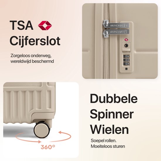 SKYCASES – Mittelgroßer Reisekoffer – Classic Heritage – Leichtgewicht – TSA-Schloss – 66 x 45 x 26 cm – 63 l – M-Rollkoffer – Geräuscharme Rollen – Beige