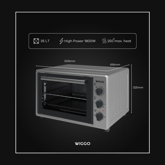 Wiggo WMO-E353(X) – Freistehender Mini-Backofen – elektrisch – 50 cm – 35 Liter – 1800 W – 5 Jahre Garantie – Edelstahl