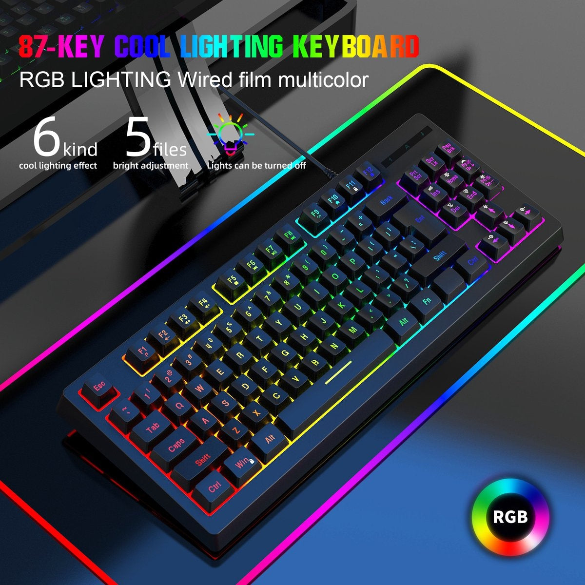 Fuegobird V100 Wired Gaming Keyboards - Membrantastatur - RGB Beleuchtung - TKL - 87 Tasten - Schwarz