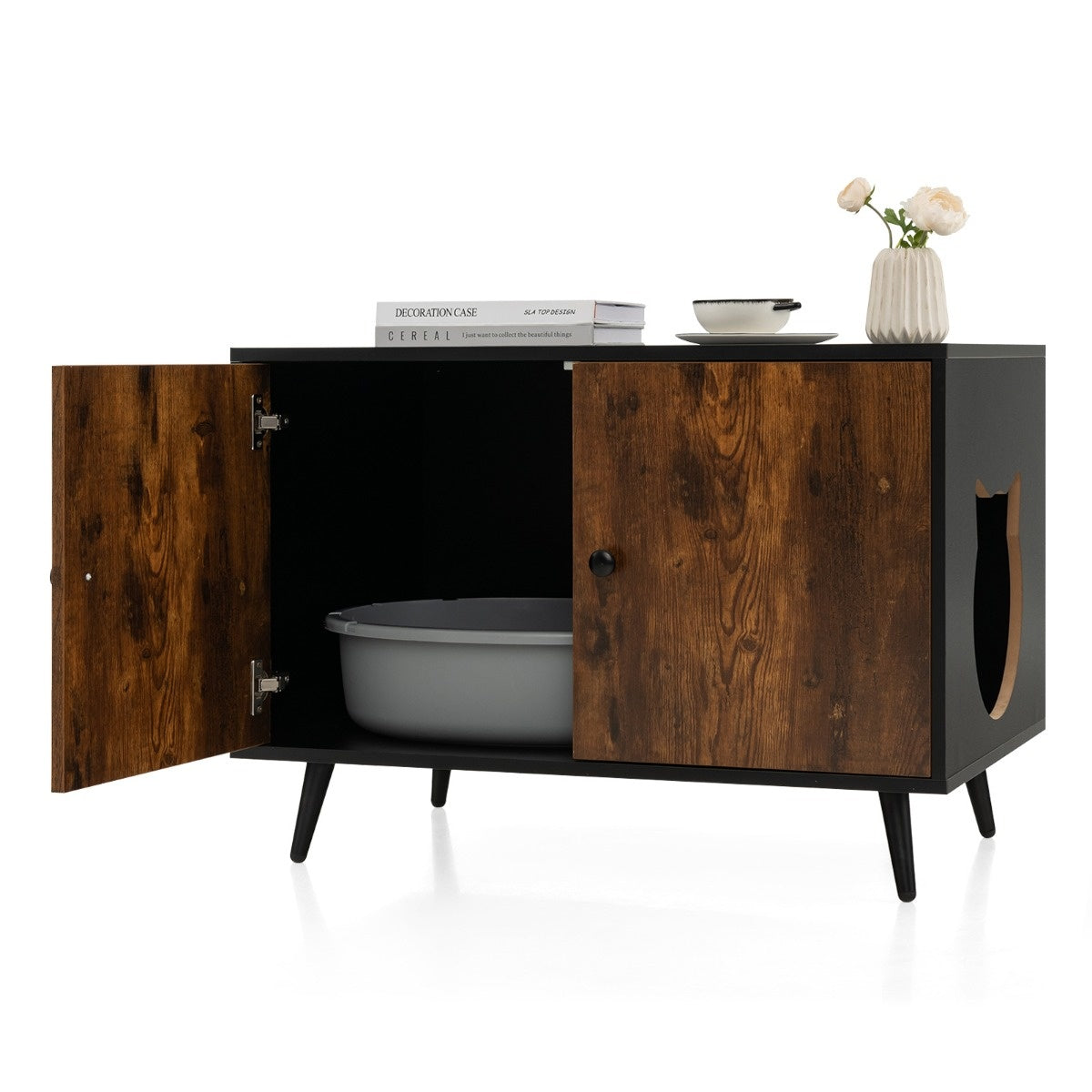 Coast Cat Cabinet Katzentoilette Katzenhaus mit Doppeltüren und Eingang 80 x 50 x 57 cm schwarz + Natur