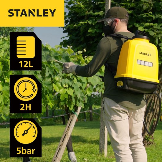 Stanley Drucksprühgerät 12 L hinten, Rückensprühgerät Garten, Drucksprühgerät, elektrisch, wiederaufladbare Lithium-Batterie, Teleskoplanze, verstellbare Düse, Autonomie 2 h, max 5 bar, 0,60 l/Minute, gelb/schwarz