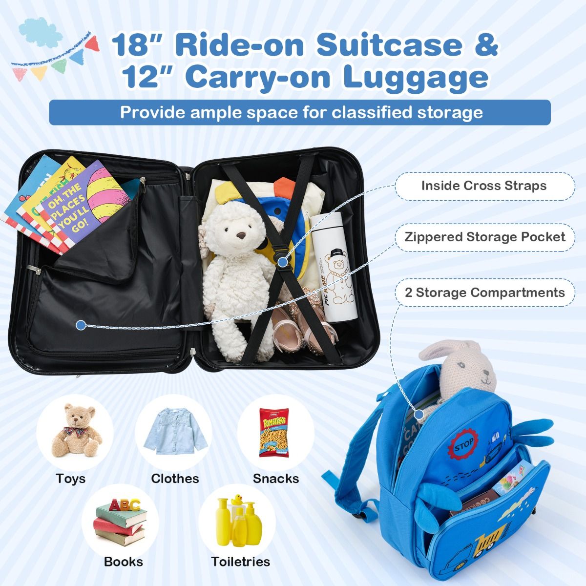 Coast Kinderkofferset – Sitzkoffer und Rucksack – Multifunktional – Bagger-Motiv