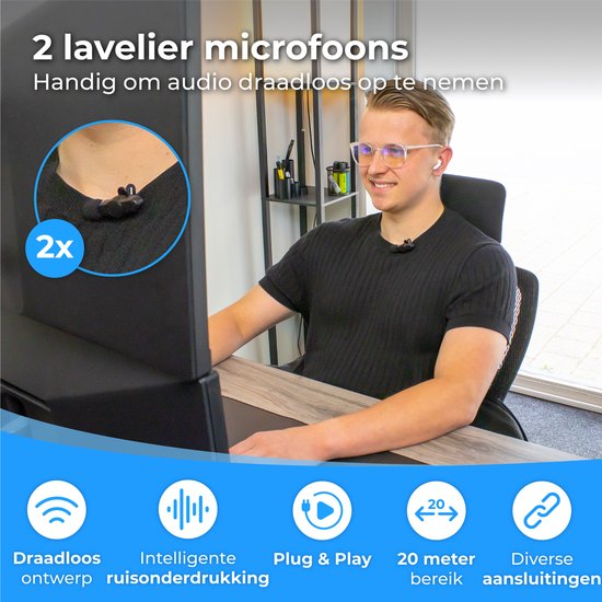 Nuvance - Drahtloses Mikrofon - 2 Stück - Geeignet für Klinke 3,5 mm, USB-C und Lightning - Krawattennadel-Mikrofon - Lavalier-Mikrofon Drahtlos - Mikrofone - Plug & Play