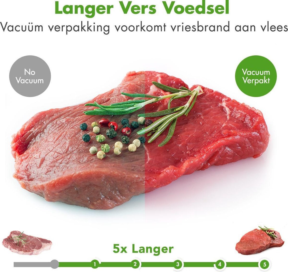 KitchenBrothers Vakuumierer - 4 Einstellungen - Inkl. Folienrolle, Vakuumbeutel und Vakuumschlauch