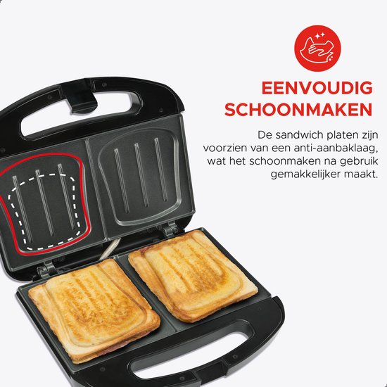 Bourgini Sandwichmaker XXL Schwarz – 800 W – Sandwichtoaster – Kontaktgrill
