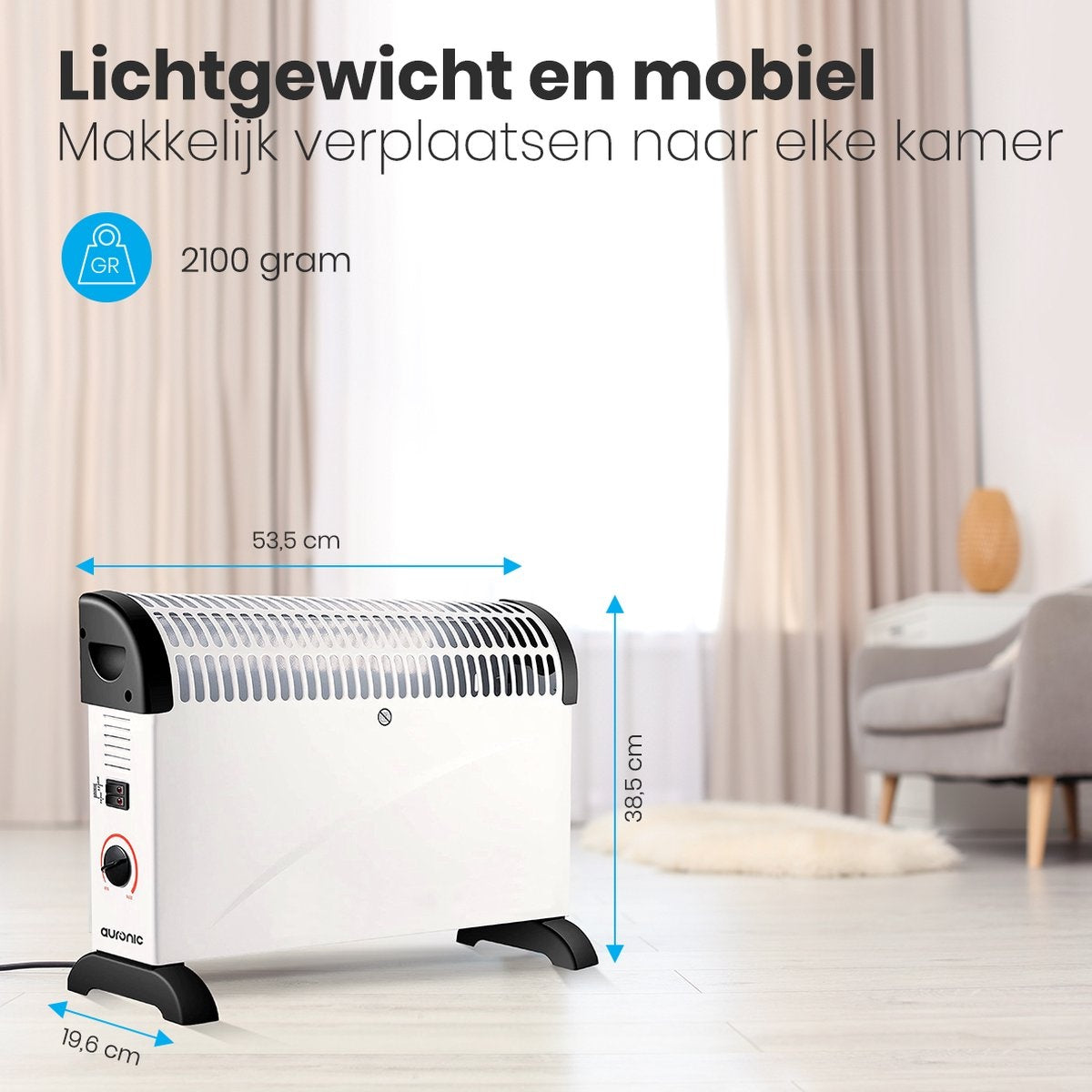 Auronic Elektrische Konvektorheizung - 750/1250/2000 Watt - Einstellbarer Thermostat - Weiß