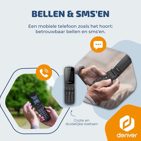 Denver Senioren-Handy 4G – Große Tasten – SOS-Taste – Ohne Smartphone aufwachsen – Ladestation – GSM – Bluetooth – FM-Radio – Vollständig auf Niederländisch und Französisch – Modell 2026 – BAS24800L