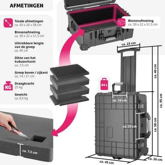 tectake - Transportkoffer auf Rädern mit Teleskopgriff - Fotokoffer - Kamerakoffer 45 x 26 x 58 cm - 2 Druckknöpfe - Abschließbar mit Vorhängeschloss