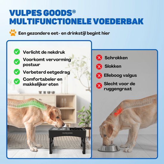 Vulpes Goods Pets - Futter- und Trinknapf Hund mit Ständer - Slow Feeder - Anti Spill and Chew - 4 Höhen - Schwarz