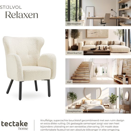 tectake - Sessel Vänersborg - Dick gepolsterter Relaxsessel mit Bouclé-Polsterung - Sessel mit breiten Armlehnen und ergonomischer Rückenlehne - Höhenverstellbare Beine mit Bodenschutz - Beige/Creme