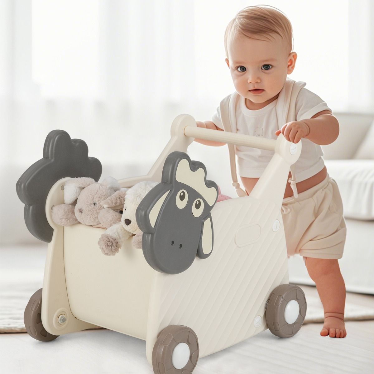 Coast Schaap Laufwagen für Kinder – 2-in-1-Aufbewahrungswagen und Lauflernhilfe – 18 Liter – Beige und Grau