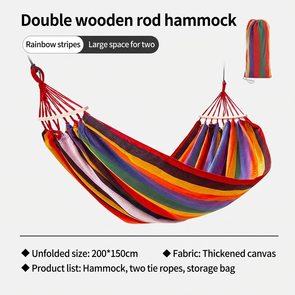 ochama x J.ZAO Doppelte Camping-Hängematte 200 × 150 cm – Rainbow – 150 kg Tragkraft – Holzspreizstangen – inklusive 2 Gurten