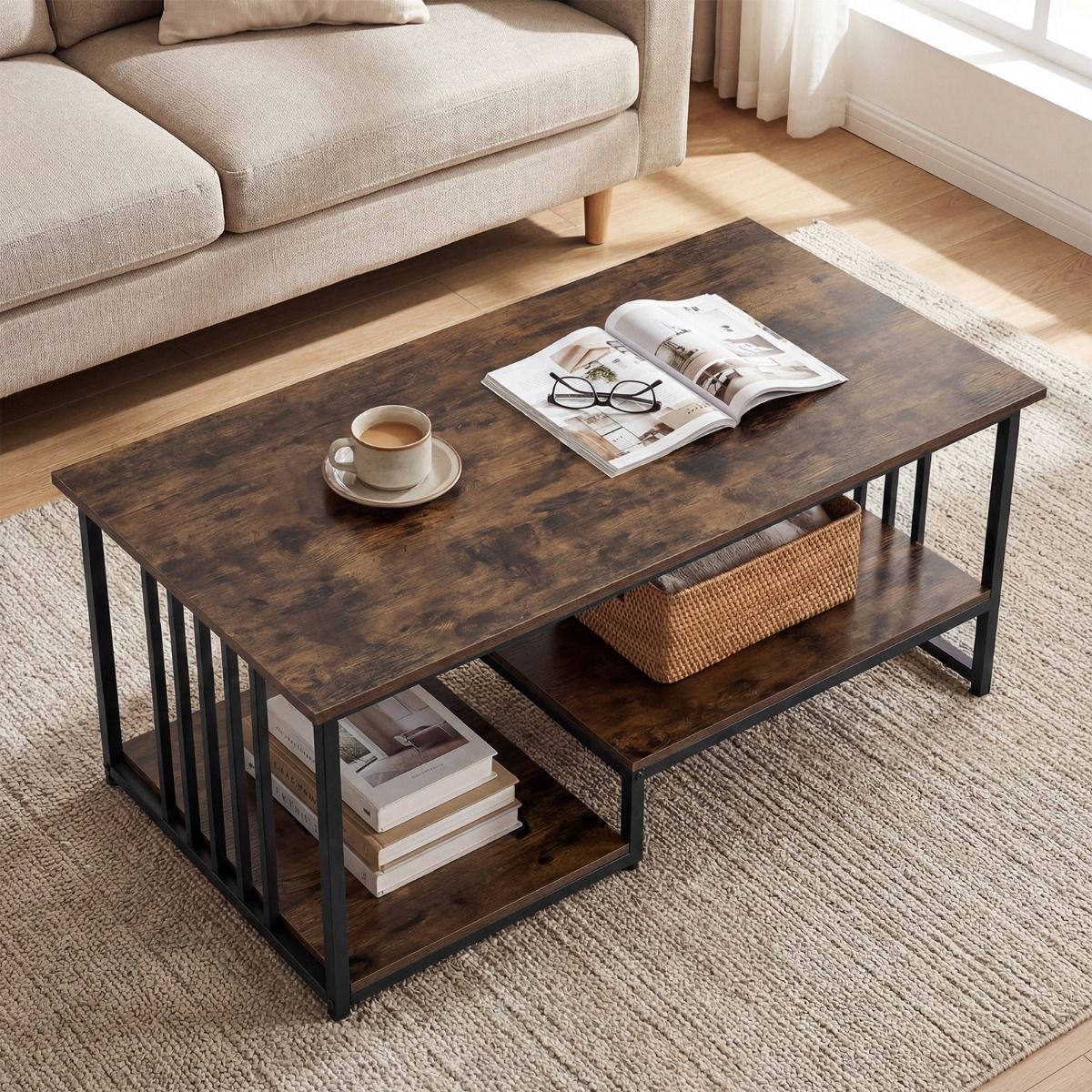 Coast Couchtisch – rechteckig – 2 Ablageflächen – rustikales Braun/Schwarz – 110 x 60 x 45 cm