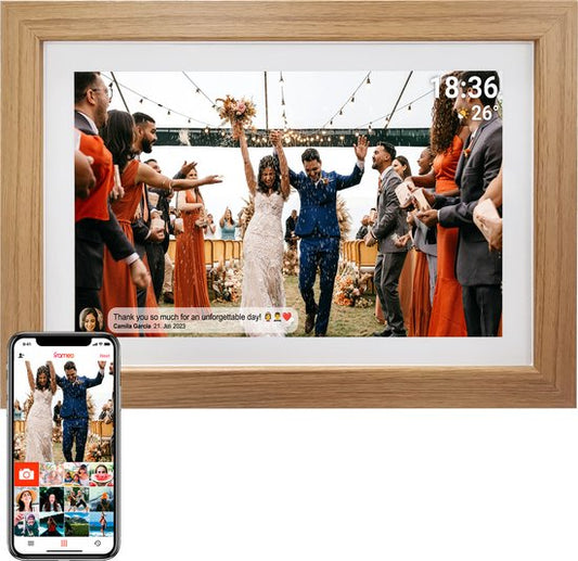 Denver Digitaler Bilderrahmen 15,6 Zoll - XL - Holz - Full HD - Frameo App - Bilderrahmen - WiFi - 8GB - IPS Touchscreen - PFF1542LW