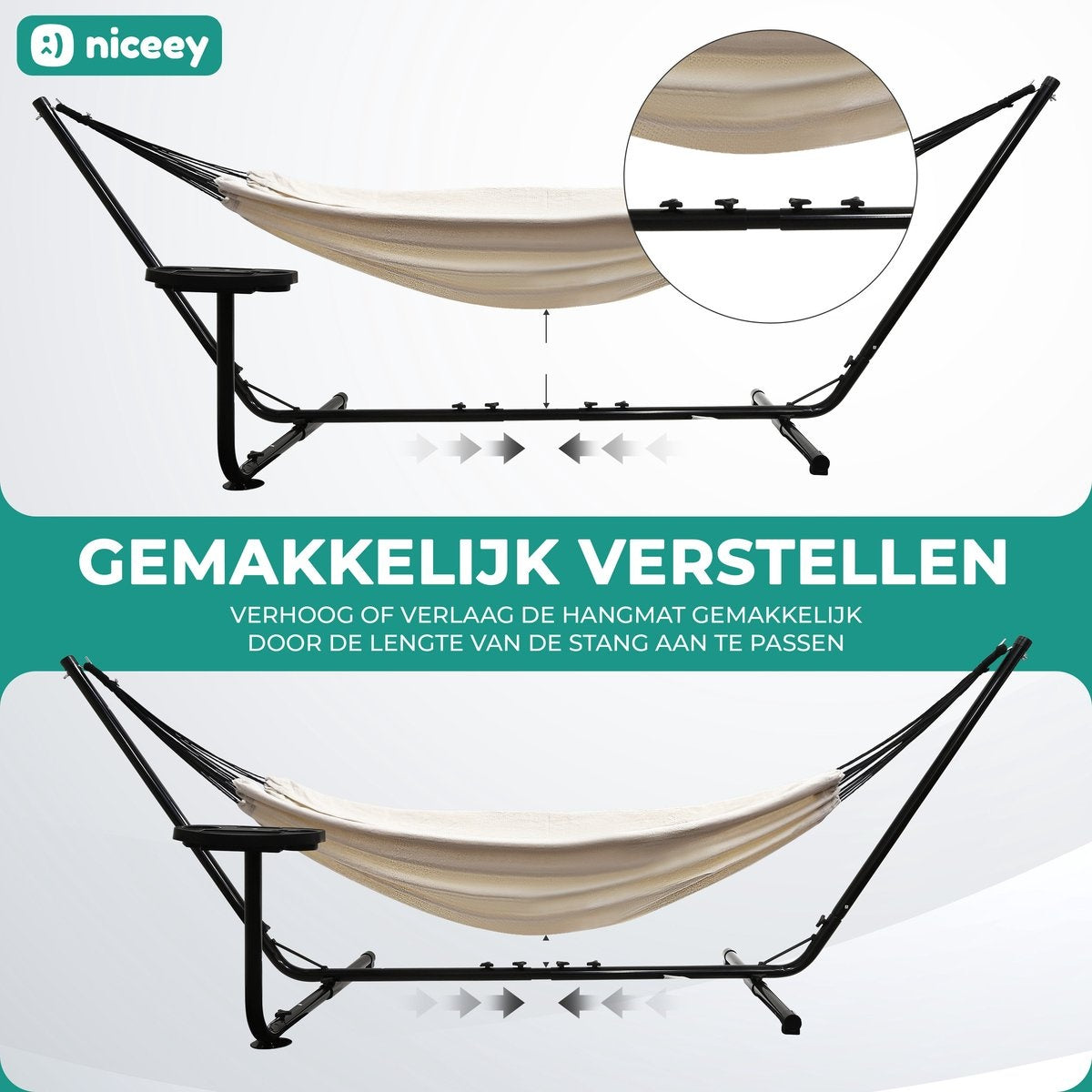 Niceey Hangmat met Standaard â€šÃ„Ã¬ 2 Persoons â€šÃ„Ã¬ Incl. Bekerhouder â€šÃ„Ã¬ 250kg - Beige