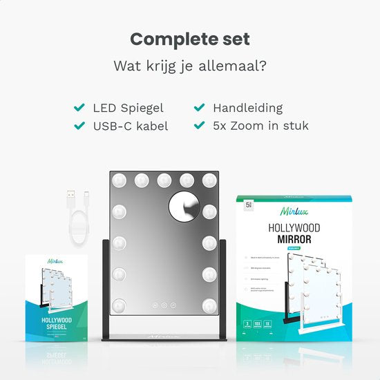 Mirlux Make Up Hollywood-Spiegel mit Beleuchtung (44x30cm) Vision - Dimmbare LED-Birnenbeleuchtung - 13 Lampen - Schwarz