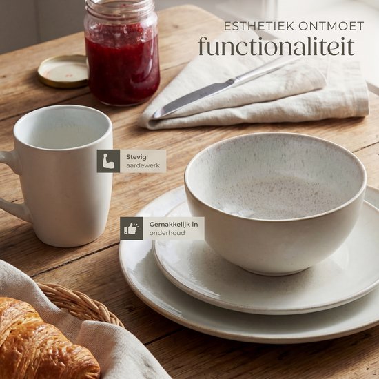 tectake® Geschirrset Mare – 30-teilig – Steingut mit glänzender Glasur - Für 6 Personen - Handgefertigtes Geschirr - Modernes Tellerset mit großen und kleinen Tellern, Schüsseln, Schälchen und Tassen - Spülmaschinen- und mikrowellengeeignet - Sandfarben