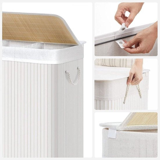 SONGMICS – Wäschekorb 150 Liter – 3 Sortierfächer – 60 x 40 x 61,5 – Bambus mit Stoffbezug – weiß LCB091W01
