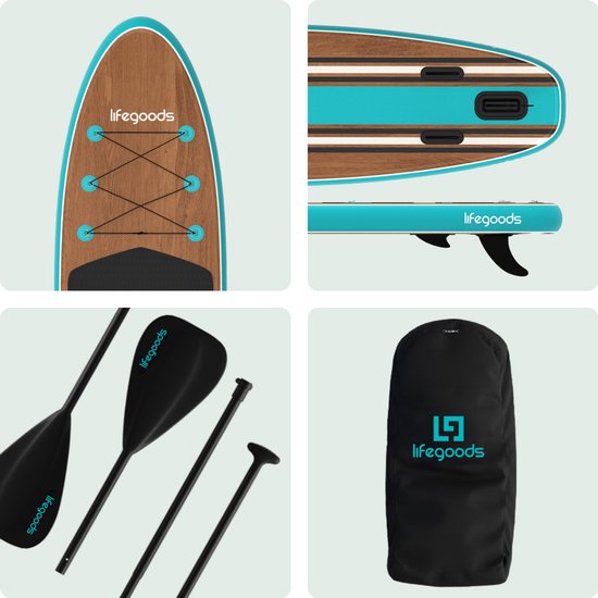 LifeGoods PaddlePro SUP Board - mit Sitz - Aufblasbares Paddle Board - Komplettset - Max. 150KG - 320x81cm - Holz/Blau
