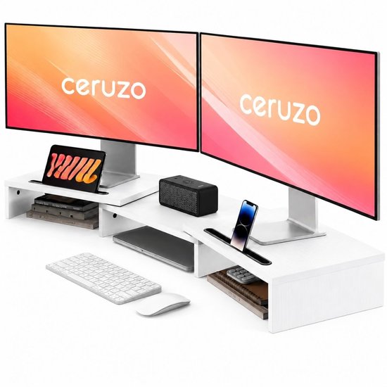Ceruzo Monitor-Erhöhung – Für 1 oder 2 Bildschirme – Verstellbar von 80 bis 112,5 cm – Weiß
