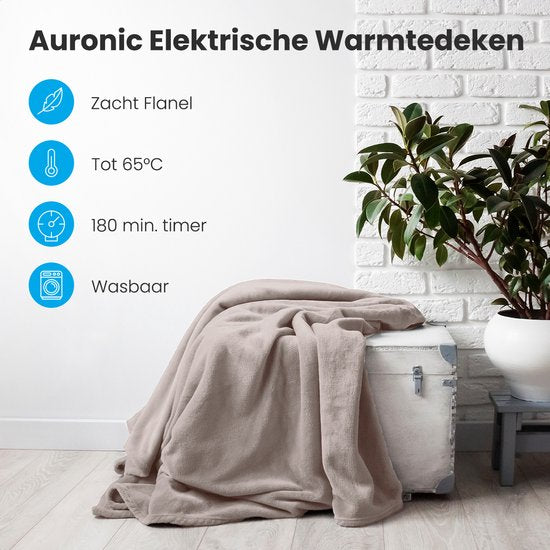 Auronic Electric Heat Blanket - Überdecke - 2 Personen - 3 Wärmestufen - Mit Timer - 200 x 180 cm - Taupe