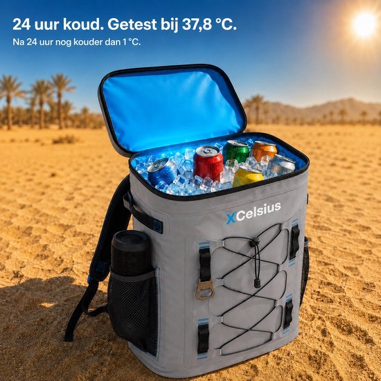 XCelsius® Kühltaschen-Rucksack 20 Liter – Kühltaschen-Rucksack mit 2 Kühlelementen und Flaschenöffner – Mindestens 24 Stunden Kühlleistung – 100 % wasserdicht – Kühltaschen-Rucksack für Strand, Festival, Boot und Camping – Grau