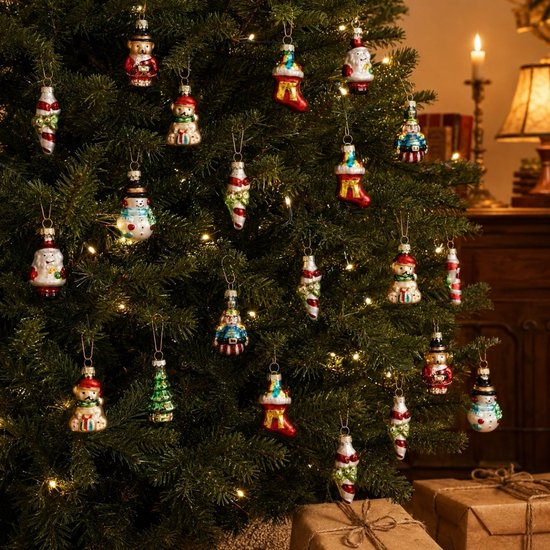 Mica Decorations Weihnachtskugeln, 20er-Set – Weihnachtsschmuck für den Weihnachtsbaum – Glas-Weihnachtskugeln mit klassischen Weihnachtsmotiven – Weihnachtsanhänger, 3,5 cm – Grün