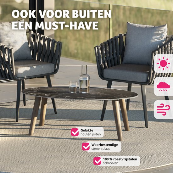 tectake® Couchtisch | Wohnzimmertisch, Ovaler Couchtisch mit Holzbeinen | Marmoroptik | Wetterfester Beistelltisch für Wohnzimmer, Terrasse, Garten oder Balkon - natur