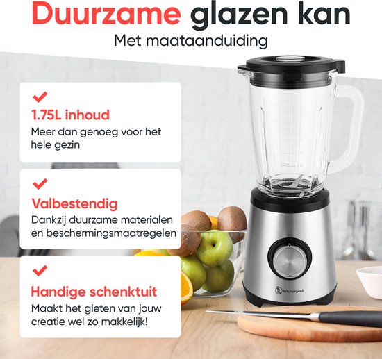 Kitchenwell Mixer - 1300 Watt - Smoothie Mixer - Mit To-Go Cup - 1,75 Liter - Glaskrug - 3 Ständer - Edelstahl - Grau