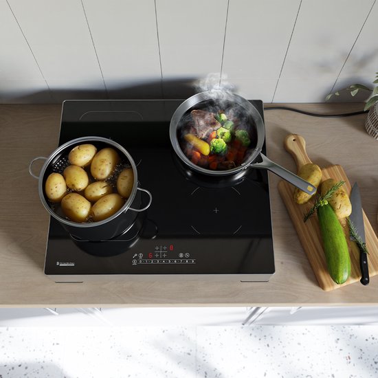 KitchenBrothers Induktionskochfeld - Freistehendes Induktionskochfeld - 60 cm - 4 Zonen - 1x Flexzone - 1 Phase - bis zu 3500W - Silber/RVS