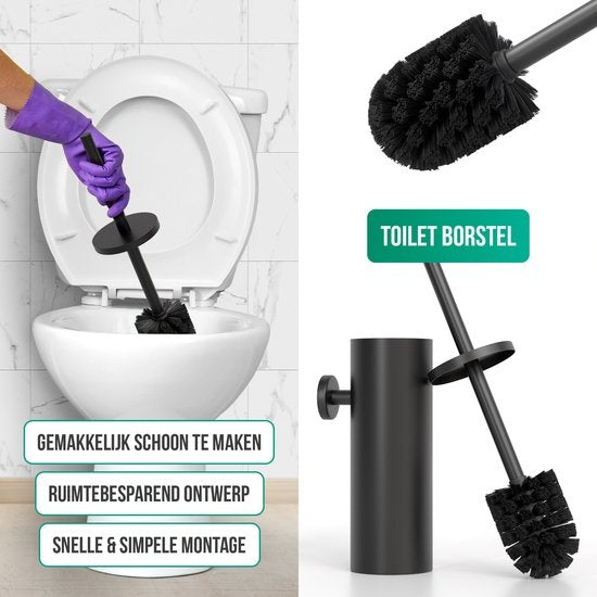 Avalo Toilettenzubehör Set Schwarz 4-teilig - Luxus-Toilettengarnitur - Toilettenbürste mit Halter / Toilettenpapierhalter / Ersatzpapierhalter / Handtuchhaken - inkl. Befestigungsmaterial