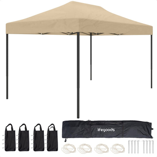 LifeGoods - Partyzelt - Pavillon - 3,0 x 4,5 m - leicht aufbaubar, faltbar, wasserdicht - Tragetasche mit Rädern - Beige
