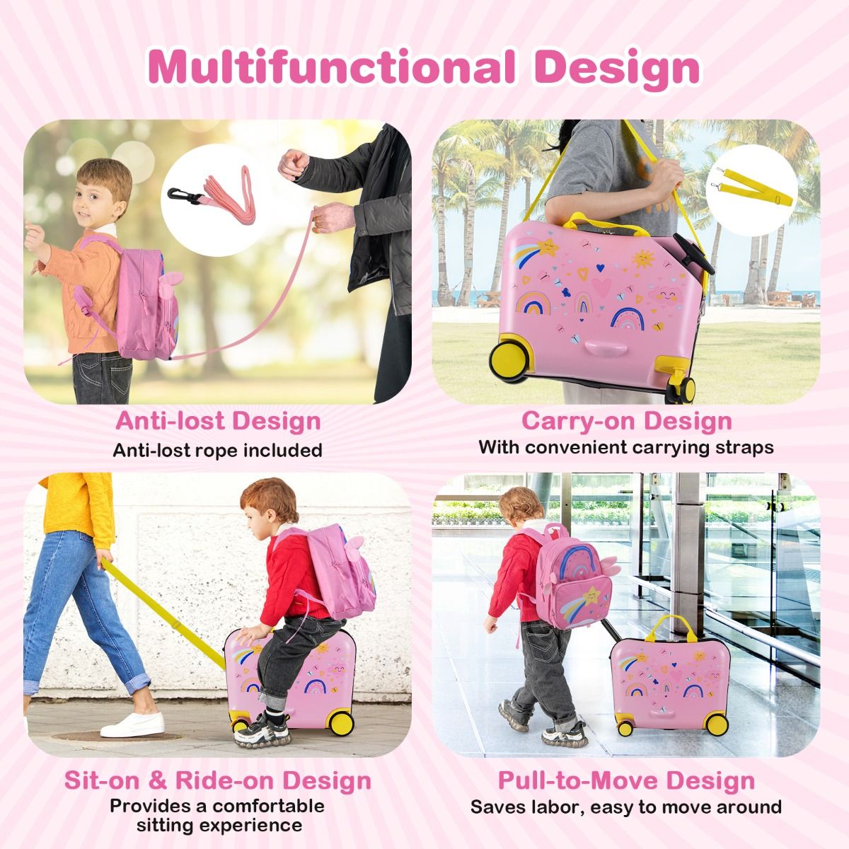 Coast Kinderkoffer- und Rucksack-Set – Sitzkoffer mit Bienenmotiv – verstellbarer Griff – rosa
