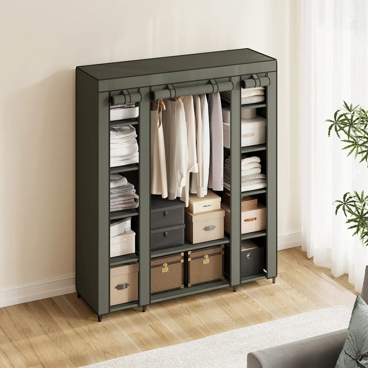 JOYFURNOS Kleiderschrank 150 x 45 x 175 cm – Laurel-Grün – 12 Fächer mit Kleiderstange