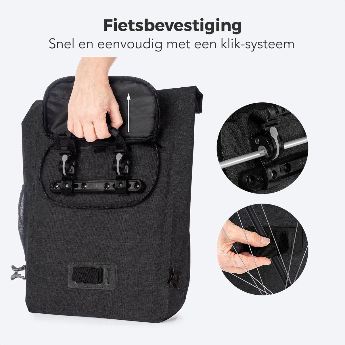 LifeGoods Single Bicycle Bag - Kompakt - Umhängetasche und Rucksack - 25L - Runder Gepäckträger - Wasserdicht - Schwarz