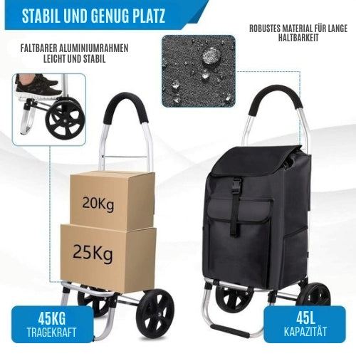 Strex - Einkaufstrolley - Zusammenklappbar - Abnehmbare Einkaufstasche - wasserdicht - Schwarz
