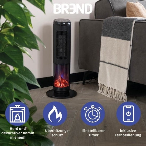 BREND - Keramischer Heizlüfter mit Thermostat und Ambientekamin - 18-45 °C - mit Schwenkfunktion - Timer - Schwarz