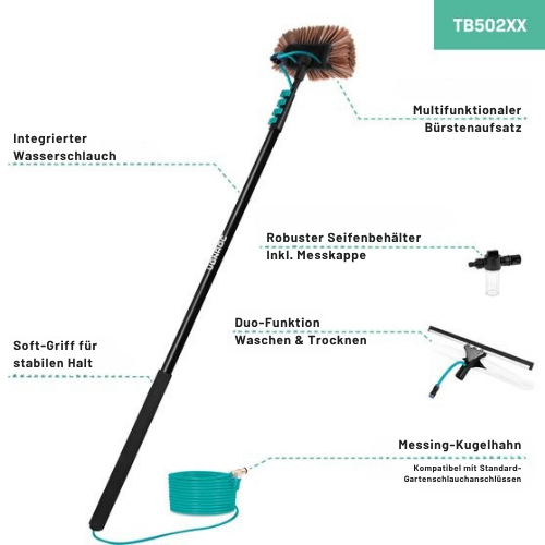 VONROC - Teleskop-Waschbürste - inkl. Bürstenkopf/ Fensterreiniger/ Wasserschlauch & Seifenspender - 6,50m - Schwarz