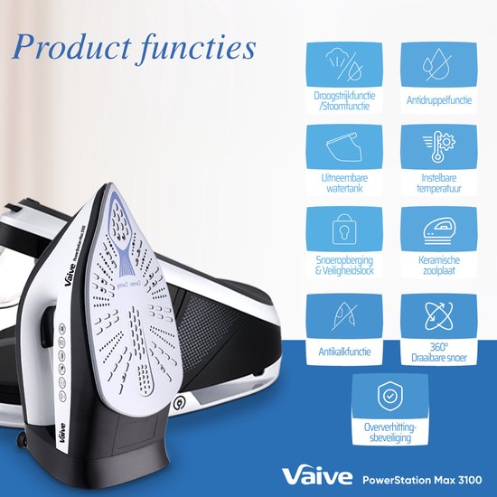 VAIVE - Dampf Bügeleisen - mit Dampfgenerator - 3100W - 1,5 L Wassertank - Schwarz/Weiß