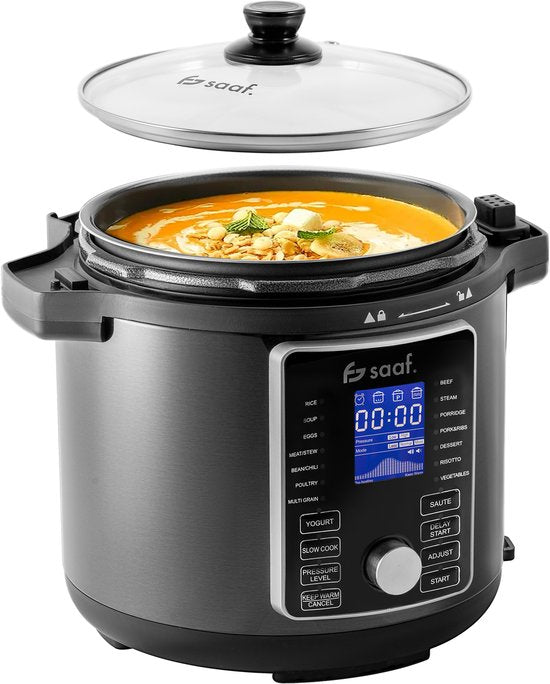 Multikocher mit Airfryer - 15-teiliges Set - 6L - 24 Automatikprogramme - Slow Cooker, Reiskocher, Dampfgarer, Schnellkochtopf - Grau - von Saaf