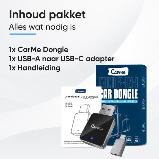 CarMe Mini 2-in-1 CarPlay Dongle V2 - Drahtloses CarPlay & Android Auto - USB-A & USB-C - Android Auto Dongle - Schwarz