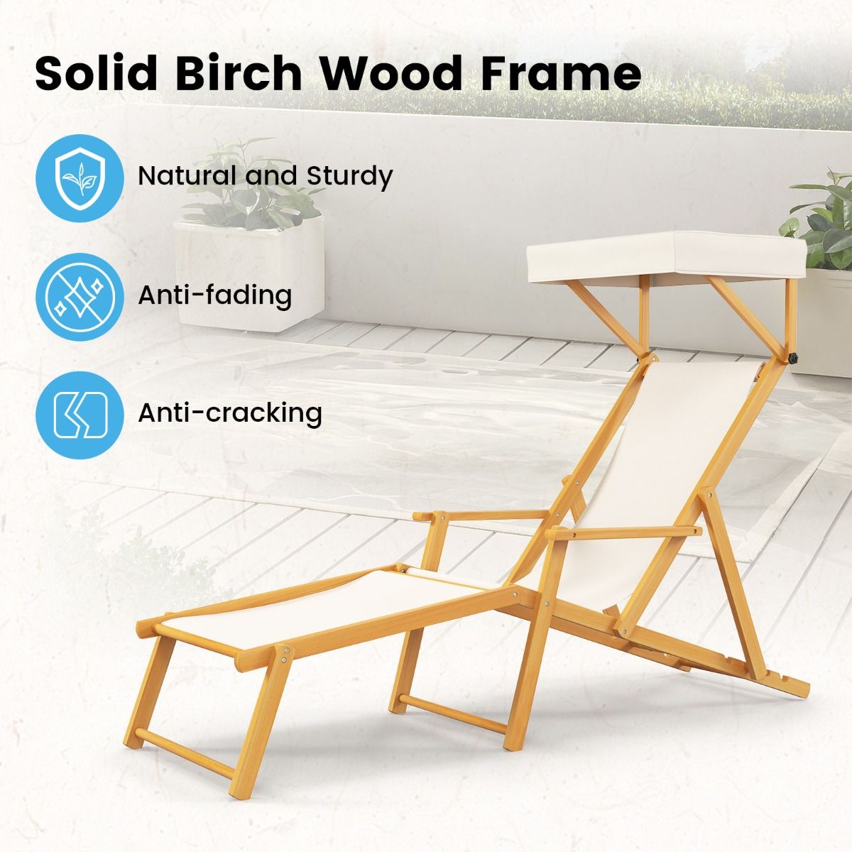 Coast Birchwood Foldable Beach Lounger mit verstellbarem Sonnendach, Rückenlehne und Fußstütze - Beige/Natur - 170x62x140 cm