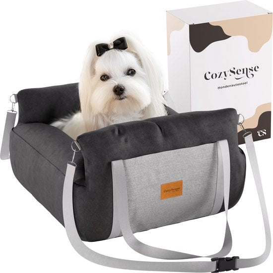 CozySense® Hundesitz für das Auto – Hundekorb für kleine Hunde – Für den Vorder- und Rücksitz – Waschbarer Bezug & auch als Tragetasche verwendbar – Schwarz/Grau