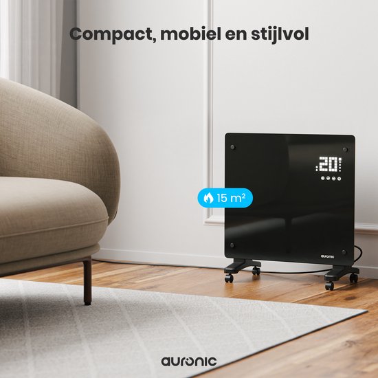 Auronic Electric Heater - Konvektor-Heizung mit Thermostat und Fernbedienung - Glasheizung - 1000W Heizung - Schwarz