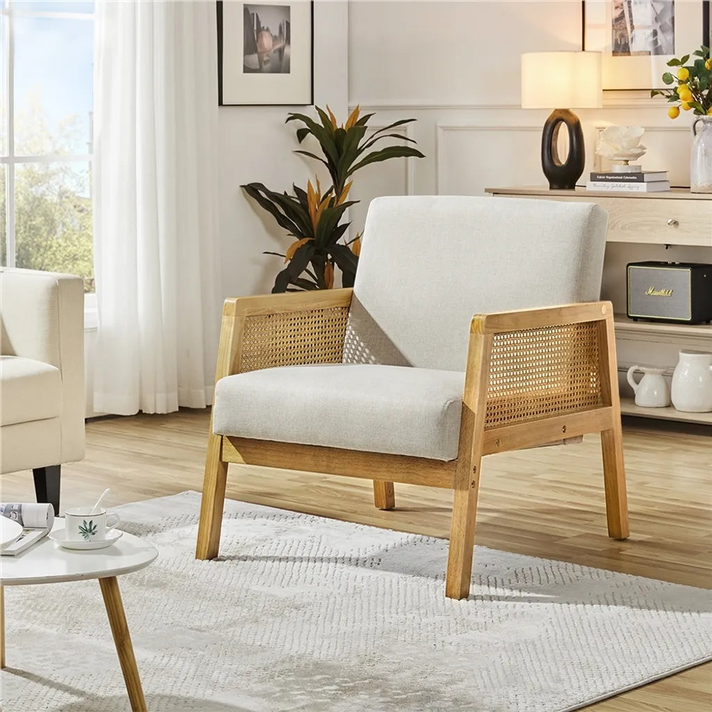 Yaheetech Sessel 65,5 x 71 x 74,5 cm – Beige – Gepolsterter Lounge-Sessel mit Rattan-Armlehnen