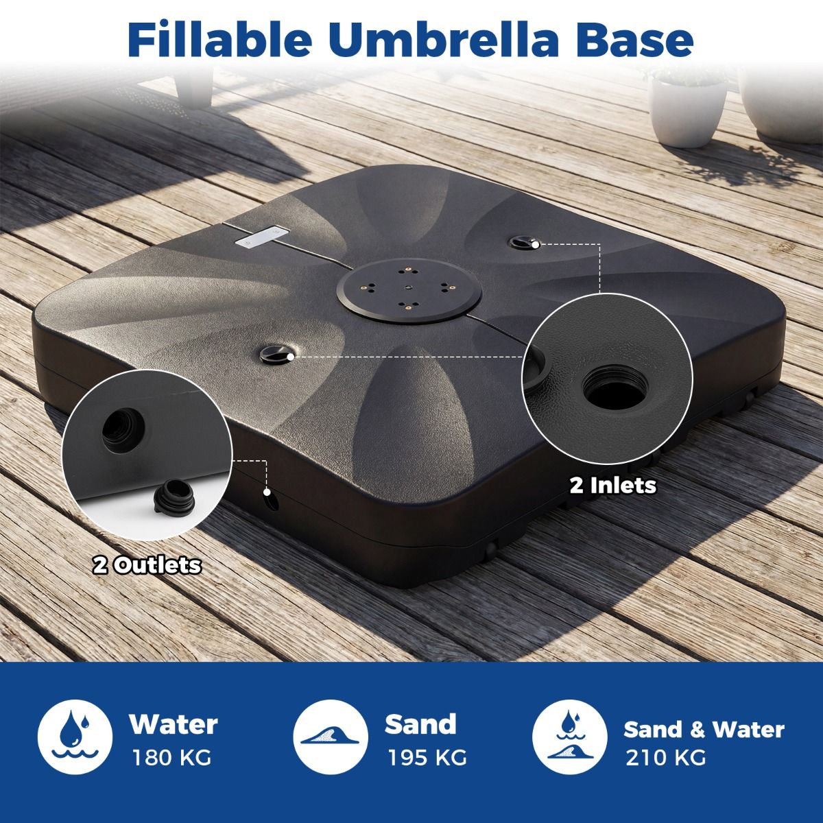Coast Sonnenschirmständer auf Rädern – um 360° drehbar – mit Wasser oder Sand befüllbar – schwarz – 105 x 105 x 18 cm
