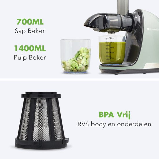 KitchenBrothers Slowjuicer - Entsafter - Gemüse- und Obstpresse - 700ml - mit Fruchtfleischbehälter - Saftpresse - Geschenk zum Muttertag - Pastellgrün