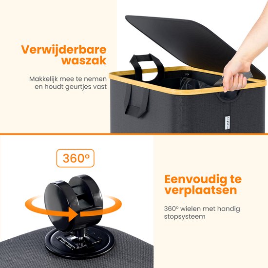 Posity Wäschekorb auf Rädern - 100 Liter - faltbar - Wäschekorb aus Stoff - Wäschekorb - mit Deckel & Griffen - Bambus - inkl. Wäschesack - Schwarz